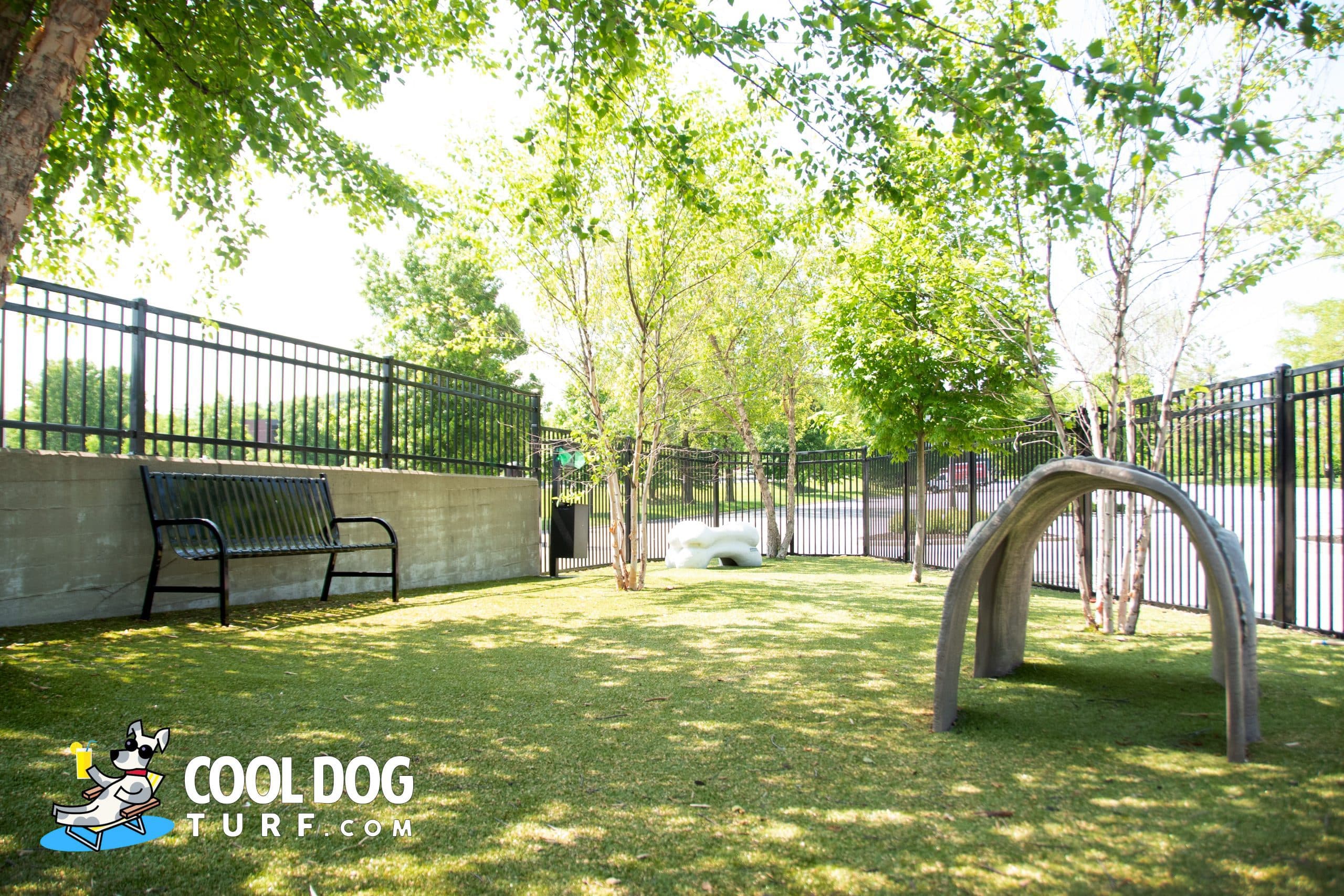 A shaded dog park with turf and agility equipment